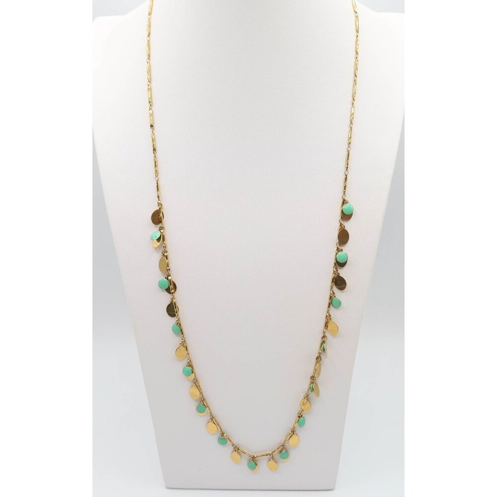 J CREW Gold Tone & Mint Green Dangle Disc Long Necklace 33" Signed
